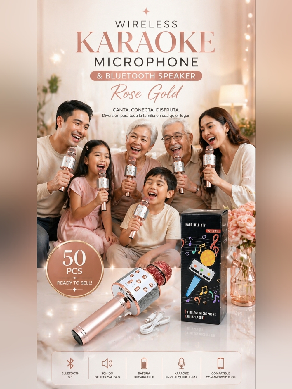 Wireless Karaoke Microphone and Bluetooth Speaker Rose gold New